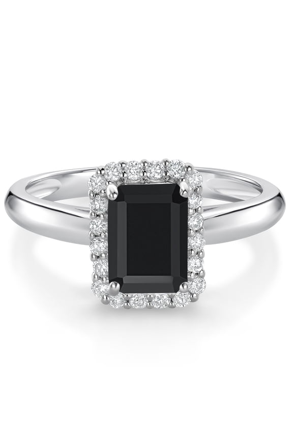 1.13 Ct Octagon Black Onyx G/H Lab Grown Diamond 10K White Gold Halo Engagement Ring (Size 8)
