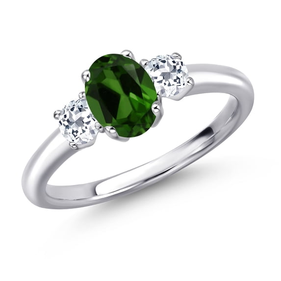 Gem Stone King 925 Sterling Silver Green Chrome Diopside and White Topaz Engagement Ring for Women | 1.13 Cttw | Oval 7X5MM | Gemstone Birthstone | Size 9