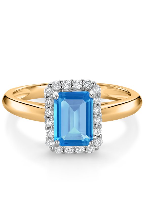 1.13 Ct Swiss Blue Topaz G/H Lab Grown Diamond 10K Yellow and White Gold Halo Engagement Ring (Size 5)