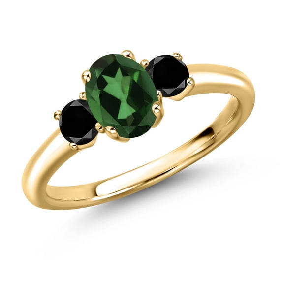 Gem Stone King 18K Yellow Gold Plated Silver Emerald Envy Mystic Topaz and Black Diamond Engagement Ring for Women | 1.14 Cttw | Oval 7X5MM | Gemstone November Birthstone | Size 9