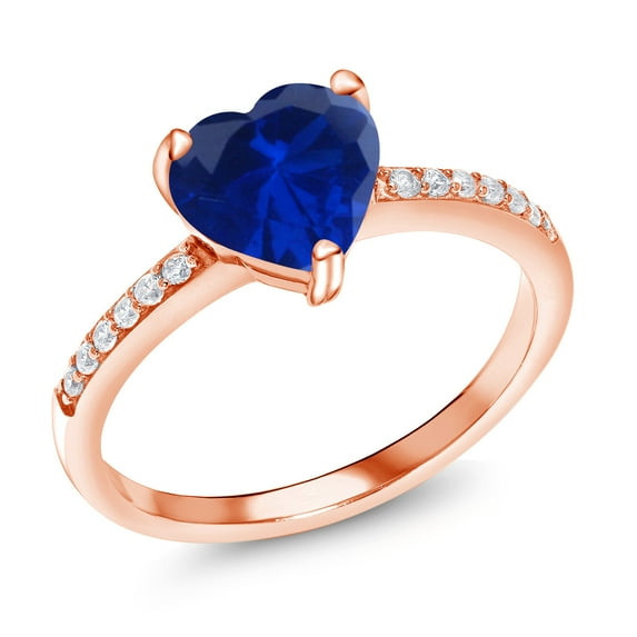 Gem Stone King 1.14 Ct Heart Shape Blue Created Sapphire 18K Rose Gold Plated Silver Ring