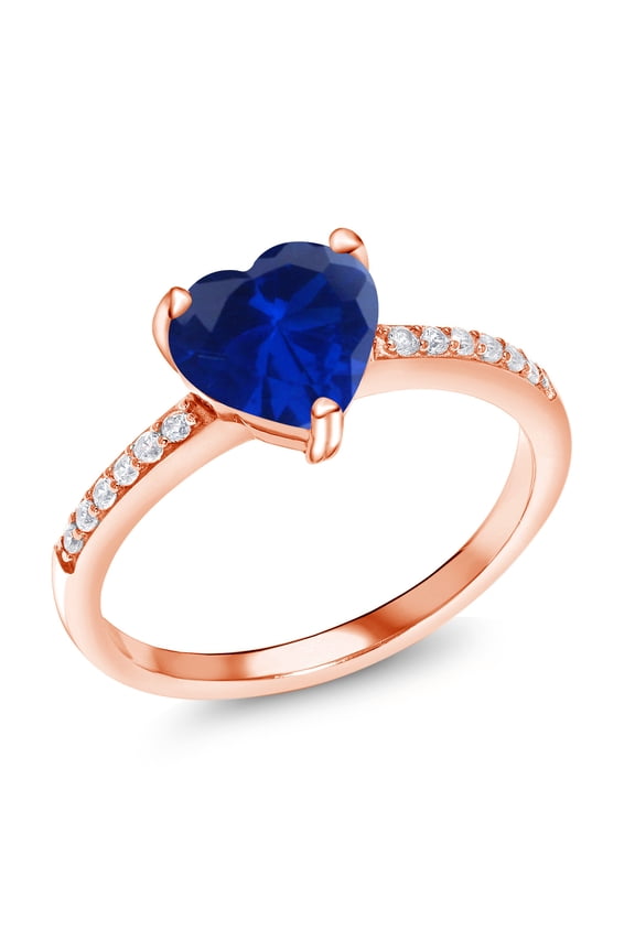 1.14 Ct Heart Shape Blue Created Sapphire 18K Rose Gold Plated Silver Ring