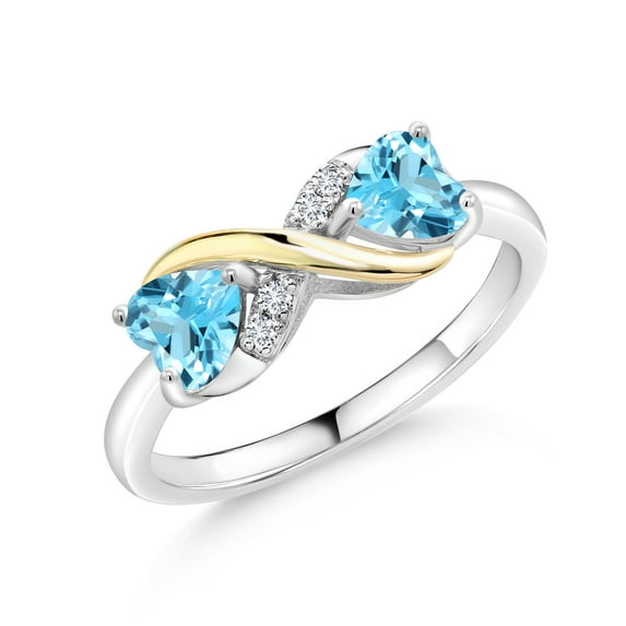 Gem Stone King 1.14 Ct Heart Shape Swiss Blue Topaz 925 Silver and 10K Yellow Gold Lab Grown Diamond Ring