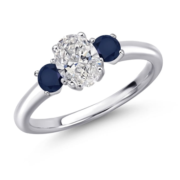 Gem Stone King 925 Sterling Silver DEF Lab Grown Diamond and Blue Sapphire Engagement Ring for Women | 1.14 Cttw | Oval 7X5MM | Gemstone April Birthstone | Size 7