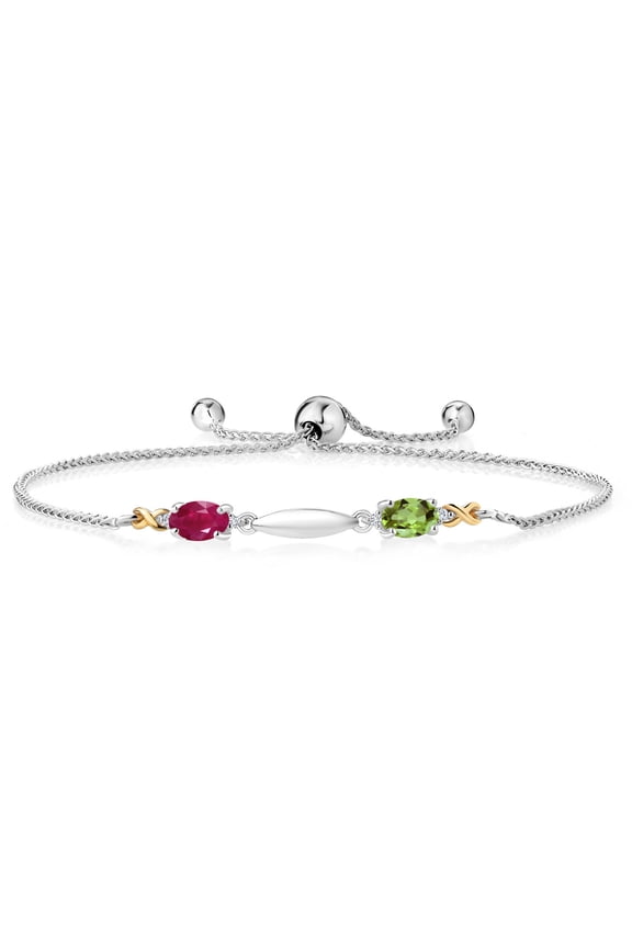 1.14 Ct Oval Red Ruby Green Peridot 925 Silver and 10K Yellow Gold Lab Grown Diamond Bracelet for Women