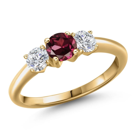 Gem Stone King 18K Yellow Gold Plated Silver Red Rhodolite Garnet and Lab Grown Diamond Engagement Ring for Women | 1.14 Cttw | Round 5MM | Gemstone January Birthstone | Size 7