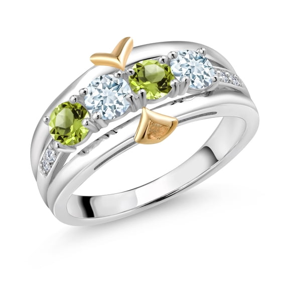 Gem Stone King 1.15 Ct Green Peridot Sky Blue Aquamarine 925 Silver and 10K Yellow Gold 4-Stone Lab Grown Diamond Band Ring (Size 7)