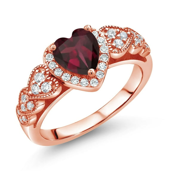 Gem Stone King 1.15 Ct Heart Shape Red Rhodolite Garnet 18K Rose Gold Plated Silver Ring