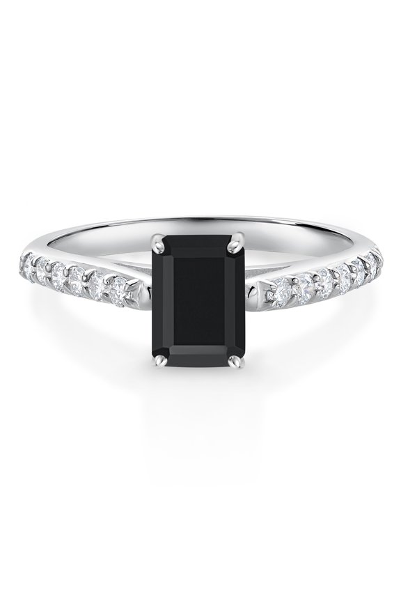 1.15 Ct Octagon Black Onyx G/H Lab Grown Diamond 10K White Gold Engagement Ring (Size 5)