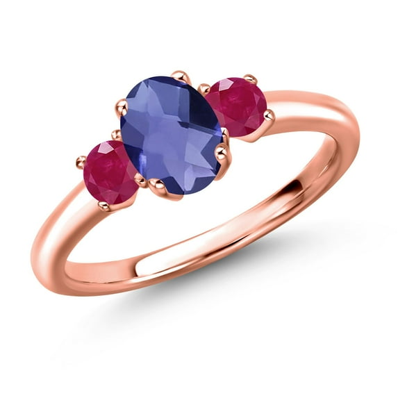 Gem Stone King 18K Rose Gold Plated Silver Blue Iolite and Red Ruby Engagement Ring for Women | 1.15 Cttw | Oval Checkerboard 7X5MM | Gemstone Birthstone | Size 9