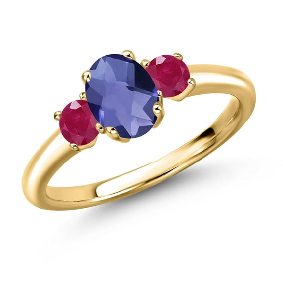 Gem Stone King 18K Yellow Gold Plated Silver Blue Iolite and Red Ruby Engagement Ring for Women | 1.15 Cttw | Oval Checkerboard 7X5MM | Gemstone Birthstone | Size 9