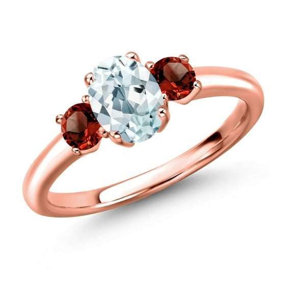 Gem Stone King 18K Rose Gold Plated Silver Sky Blue Aquamarine and Red Garnet Engagement Ring for Women | 1.15 Cttw | Oval 7X5MM | Gemstone March Birthstone | Size 8