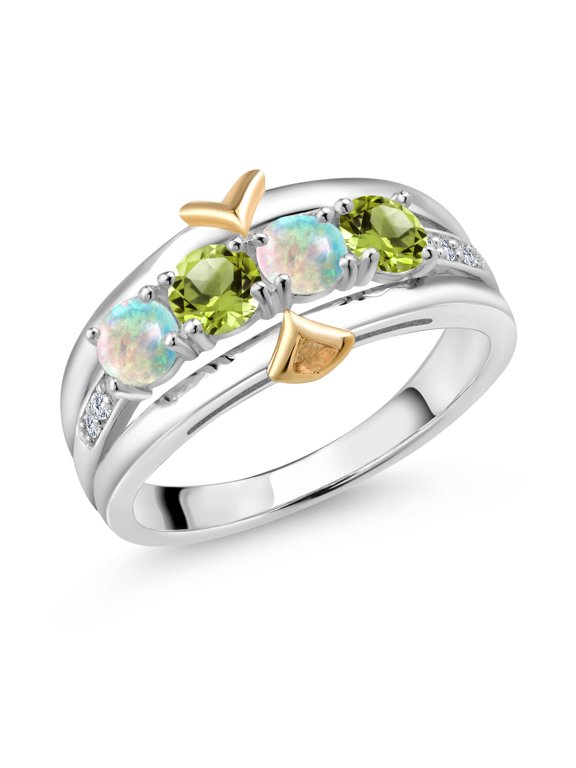 1.15 Ct Round Cabochon White Simulated Opal Green Peridot 925 Silver and 10K Yellow Gold 4-Stone Lab Grown Diamond Band Ring (Size 8)