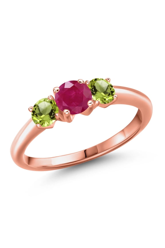 18K Rose Gold Plated Silver Red Ruby and Green Peridot Engagement Ring for Women | 1.15 Cttw | Round 5MM | Gemstone July Birthstone | Size 7