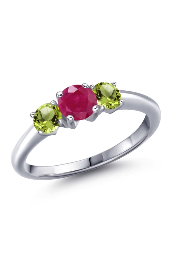 925 Sterling Silver Red Ruby and Green Peridot Engagement Ring for Women | 1.15 Cttw | Round 5MM | Gemstone July Birthstone | Size 8