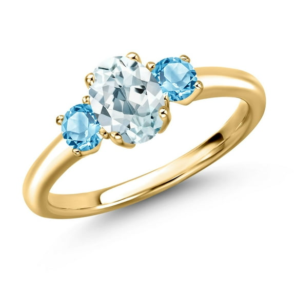 Gem Stone King 18K Yellow Gold Plated Silver Sky Blue Aquamarine and Swiss Blue Topaz Engagement Ring for Women | 1.15 Cttw | Oval 7X5MM | Gemstone March Birthstone | Size 5