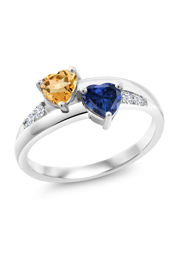 1.15 Ct Yellow Citrine Blue Created Sapphire 925 Sterling Silver Lab Grown Diamond Ring (Size 9)