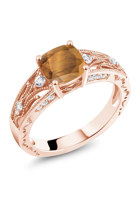 1.16 Ct Cushion Brown Tiger Eye 18K Rose Gold Plated Silver Ring (Size 5)