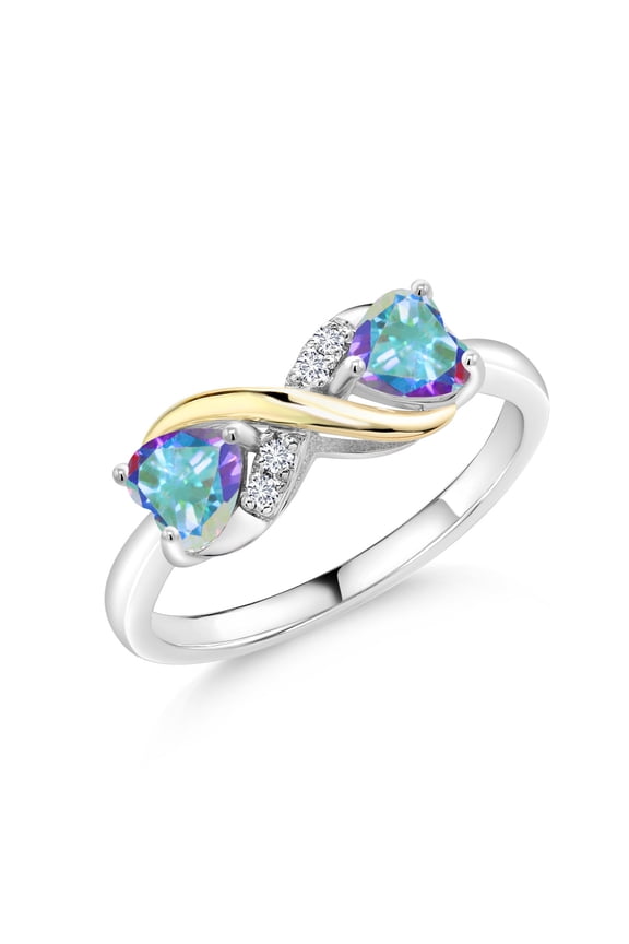 1.16 Ct Heart Shape Mercury Mist Mystic Topaz 925 Silver and 10K Yellow Gold Lab Grown Diamond Ring