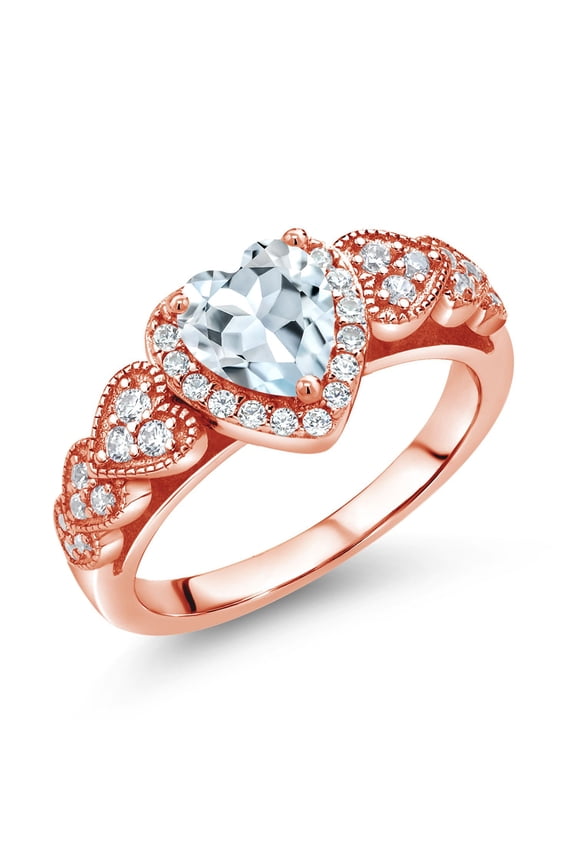 1.16 Ct Heart Shape Sky Blue Aquamarine 18K Rose Gold Plated Silver Ring