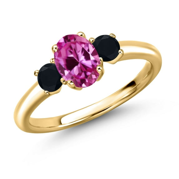 Gem Stone King 18K Yellow Gold Plated Silver Pink Created Sapphire and Black Onyx Engagement Ring for Women | 1.16 Cttw | Oval 7X5MM | Gemstone September Birthstone | Size 6