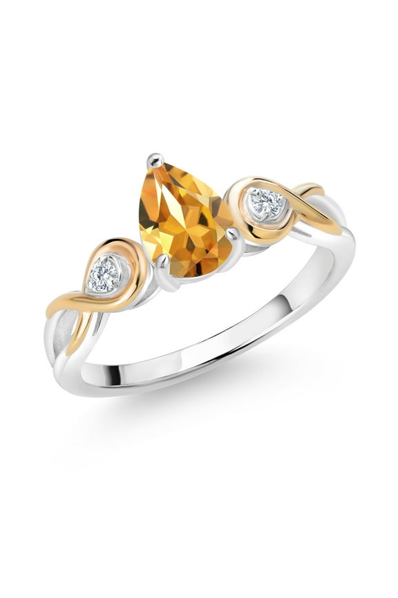 1.16 Ct Pear Shape Yellow Citrine 925 Silver and 10K Yellow Gold E-F Lab Grown Diamond Ring