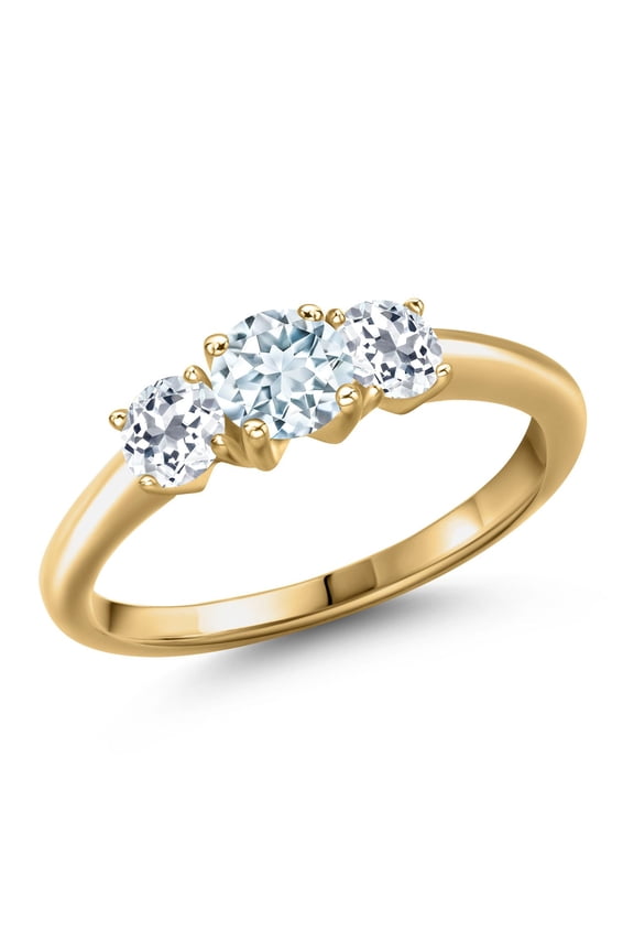 18K Yellow Gold Plated Silver Sky Blue Aquamarine and White Topaz Engagement Ring for Women | 1.16 Cttw | Round 5MM | Gemstone March Birthstone | Size 9