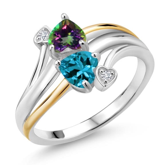 Gem Stone King 1.17 Ct Green Mystic Topaz London Blue Topaz 925 Silver and 10K Yellow Gold 2 Heart Promise Couple Engagement Mother Lab Grown Diamond Ring (Size 9)