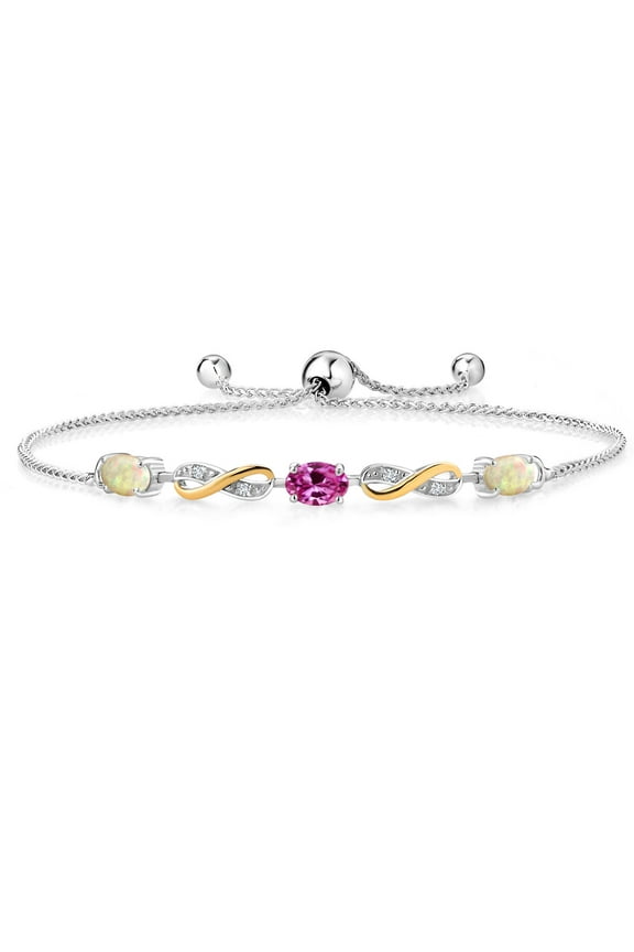1.17 Ct Oval Cabochon White Ethiopian Opal Pink Created Sapphire 925 Silver and 10K Yellow Gold Lab Grown Diamond Adjustable Infinity Bracelet for Women Mother's Mom Wife Her