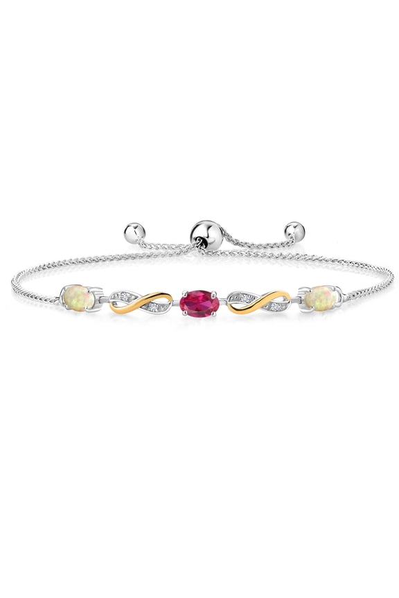 1.17 Ct Oval Cabochon White Ethiopian Opal Red Created Ruby 925 Silver and 10K Yellow Gold Lab Grown Diamond Adjustable Infinity Bracelet for Women Mother's Mom Wife Her