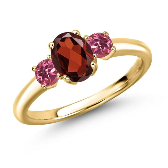 Gem Stone King 18K Yellow Gold Plated Silver Red Garnet and Pink Tourmaline Engagement Ring for Women | 1.17 Cttw | Oval 7X5MM | Gemstone January Birthstone | Size 7