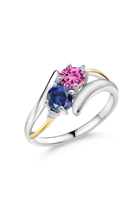 1.17 Ct Pink Created Sapphire Blue Created Sapphire 925 Silver and 10K Yellow Gold Lab Grown Diamond Two Stone Crossover Ring (Size 8)