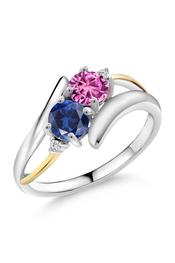 1.17 Ct Pink Created Sapphire Blue Created Sapphire 925 Silver and 10K Yellow Gold Lab Grown Diamond Two Stone Crossover Ring (Size 8)