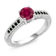 thumbnail image 1 of Gem Stone King 925 Sterling Silver Red Created Ruby and Black Diamond Women Engagement Ring (1.17 Ct Round, Size 6), 1 of 5