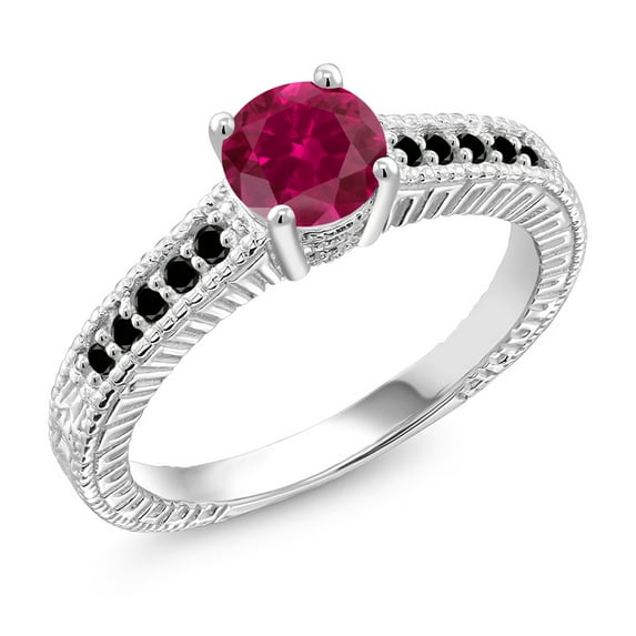 Gem Stone King 925 Sterling Silver Red Created Ruby and Black Diamond Women Engagement Ring (1.17 Ct Round, Size 6)
