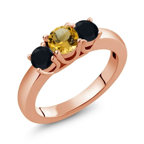 Gem Stone King 1.17 Ct Round Yellow Citrine Black Onyx 18K Rose Gold Plated Silver Ring (Size 8)