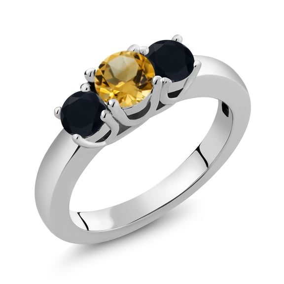 Gem Stone King 1.17 Ct Round Yellow Citrine Black Onyx 925 Sterling Silver Ring (Size 8)