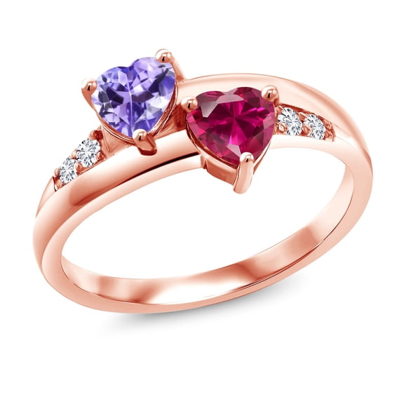 Gem Stone King 1.18 Ct Blue Tanzanite Red Created Ruby 18K Rose Gold Plated Silver Lab Grown Diamond Ring (Size 6)