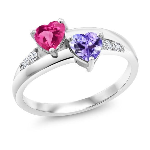 Gem Stone King 1.18 Ct Heart Shape Pink Created Sapphire Blue Tanzanite 925 Sterling Silver Lab Grown Diamond Ring (Size 5)