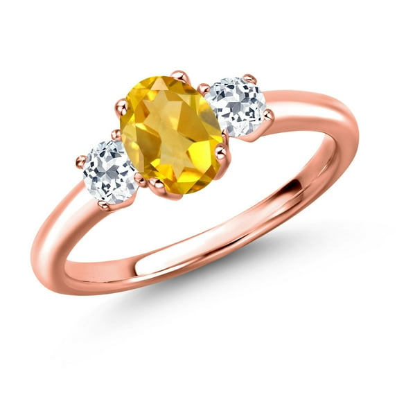 Gem Stone King 18K Rose Gold Plated Silver Yellow Citrine and White Topaz Engagement Ring for Women | 1.18 Cttw | Oval 7X5MM | Gemstone November Birthstone | Size 5