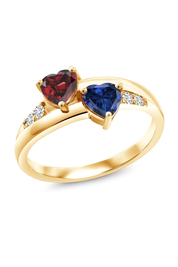 1.18 Ct Red Garnet Blue Created Sapphire 18K Yellow Gold Plated Silver Lab Grown Diamond Ring (Size 7)
