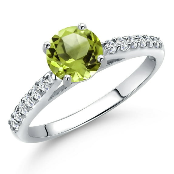 Gem Stone King 10K White Gold Green Peridot and Lab Grown Diamond Engagement Ring for Women | 1.18 Cttw | Round 6MM | Gemstone August Birthstone | Size 7