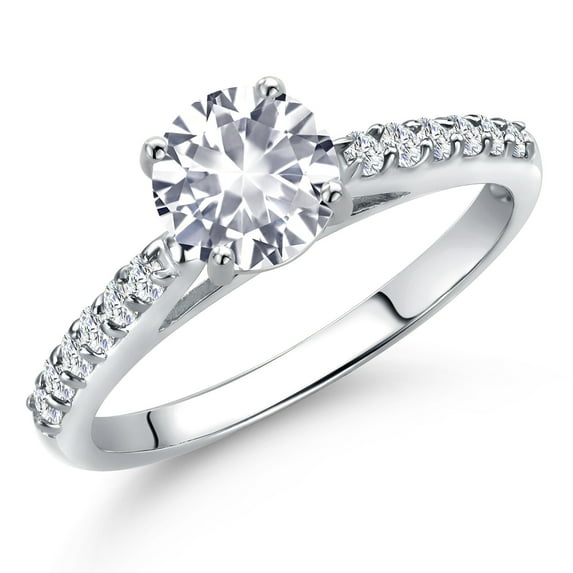 Gem Stone King 10K White Gold White Created Sapphire and Lab Grown Diamond Engagement Ring for Women | 1.18 Cttw | Round 6MM | Gemstone September Birthstone | Size 7