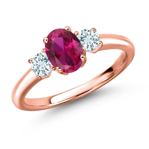 Gem Stone King 18K Rose Gold Plated Silver Red Created Ruby and Sky Blue Aquamarine Engagement Ring for Women | 1.19 Cttw | Oval 7X5MM | Gemstone July Birthstone | Size 8