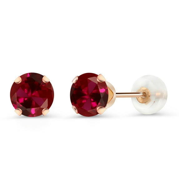 Gem Stone King 1.20 Ct 5MM Round Red Created Ruby 10K Rose Gold Women Stud Earrings