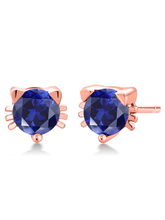 1.20 Ct 5mm Blue Created Sapphire 18K Rose Gold Plated Silver Kitty Cat Stud Earrings for Women Men