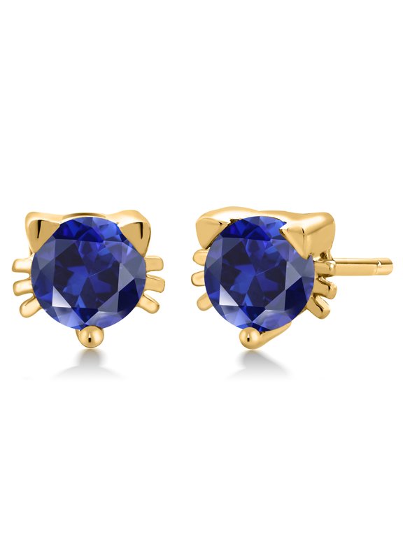 1.20 Ct 5mm Blue Created Sapphire 18K Yellow Gold Plated Silver Kitty Cat Stud Earrings for Women Men