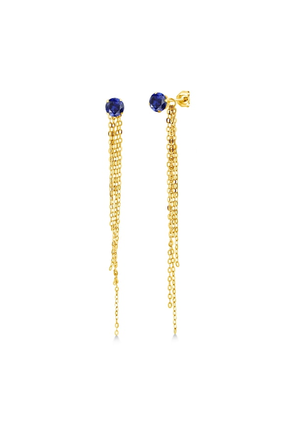1.20 Ct 5mm Blue Created Sapphire 18K Yellow Gold Plated Silver Stud Extra Long Statement Enhancer Earrings 3.5 inch