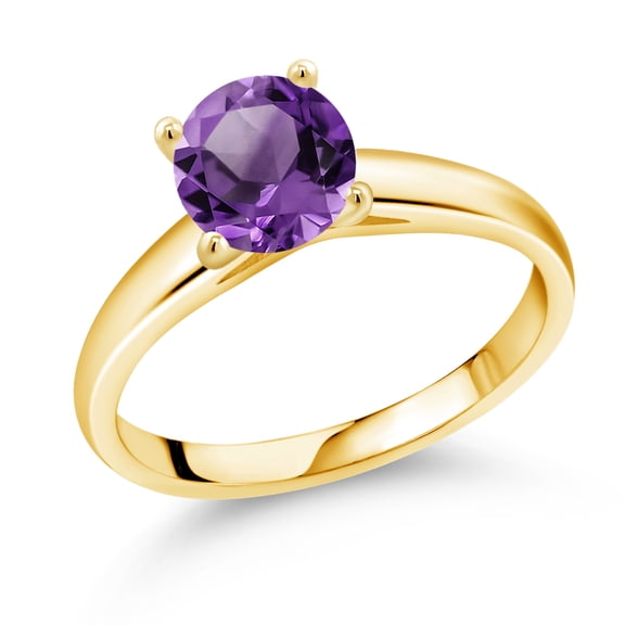 Gem Stone King 1.20 Ct 7mm Round Purple Amethyst 10K Yellow Gold Ring (Size 8)