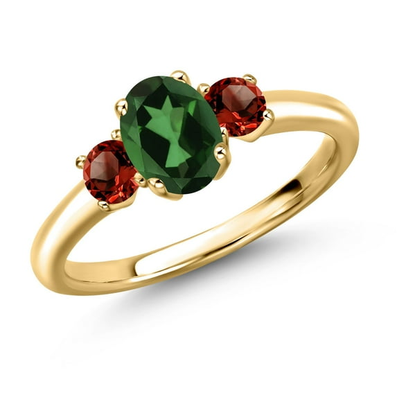 Gem Stone King 18K Yellow Gold Plated Silver Emerald Envy Mystic Topaz and Red Garnet Engagement Ring for Women | 1.20 Cttw | Oval 7X5MM | Gemstone November Birthstone | Size 8